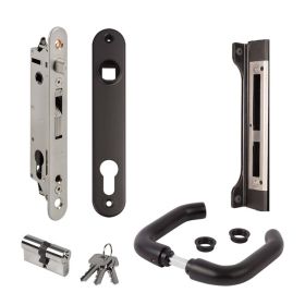 Окомплектована брава за вграждане Fortylock с черни дръжки 3006B-H, планка, патрон и насрещник SFKU Locinox - ogradina.bg
