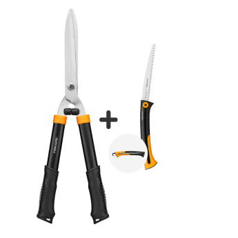 Градински комплект Fiskars - ножица за храсти Solid HS21 и сгъваем трион Xtract™ SW75  - ogradina.bg