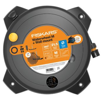 Комплект макара с градински маркуч 20 m Fiskars Solid, аксесоари + стойка за стена - ogradina.bg